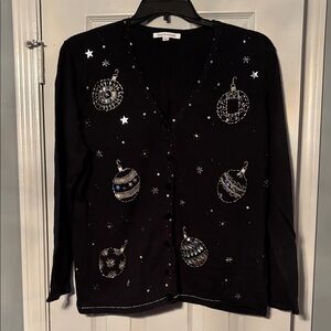 Mercer Street Studio Black Christmas Holiday Cardigan with Silver Ornaments